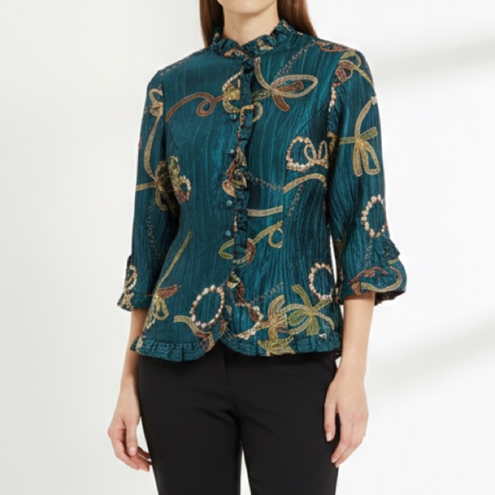 Agora Teal Blouse with Lace and Embroidery Floral Accents Women’s Size Medium